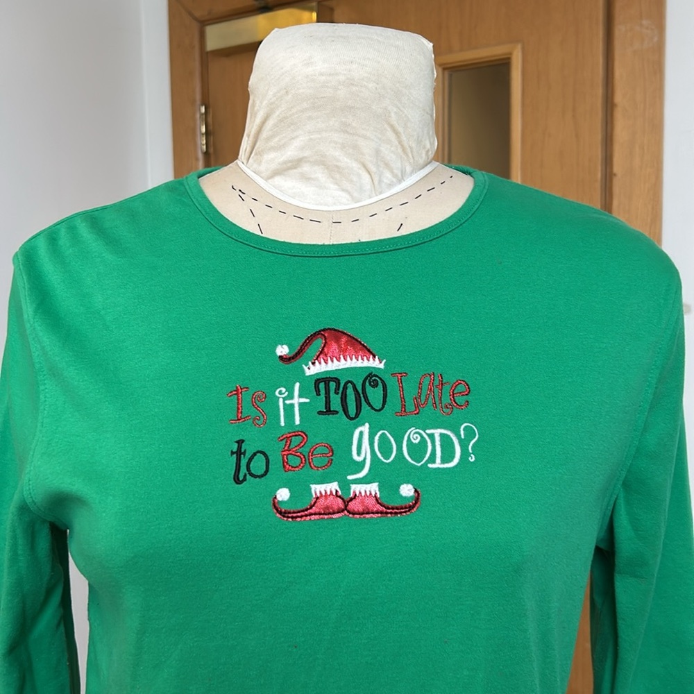Vintage 90’s Is it too late to be good? Elf Christmas Long Sleeve Shirt Green XL